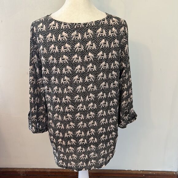Pixley black tan elephant patterned long rollable sleeve blouse Size S - Picture 5 of 9